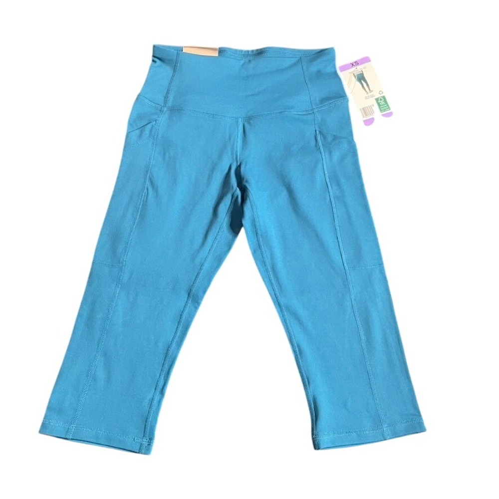Athletic Works Womens Capri Leggings Teal Blue Pockets‎ XS Cropped NWT